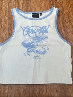 Chemistry White Tank Top with Light Blue Corvette Graphic